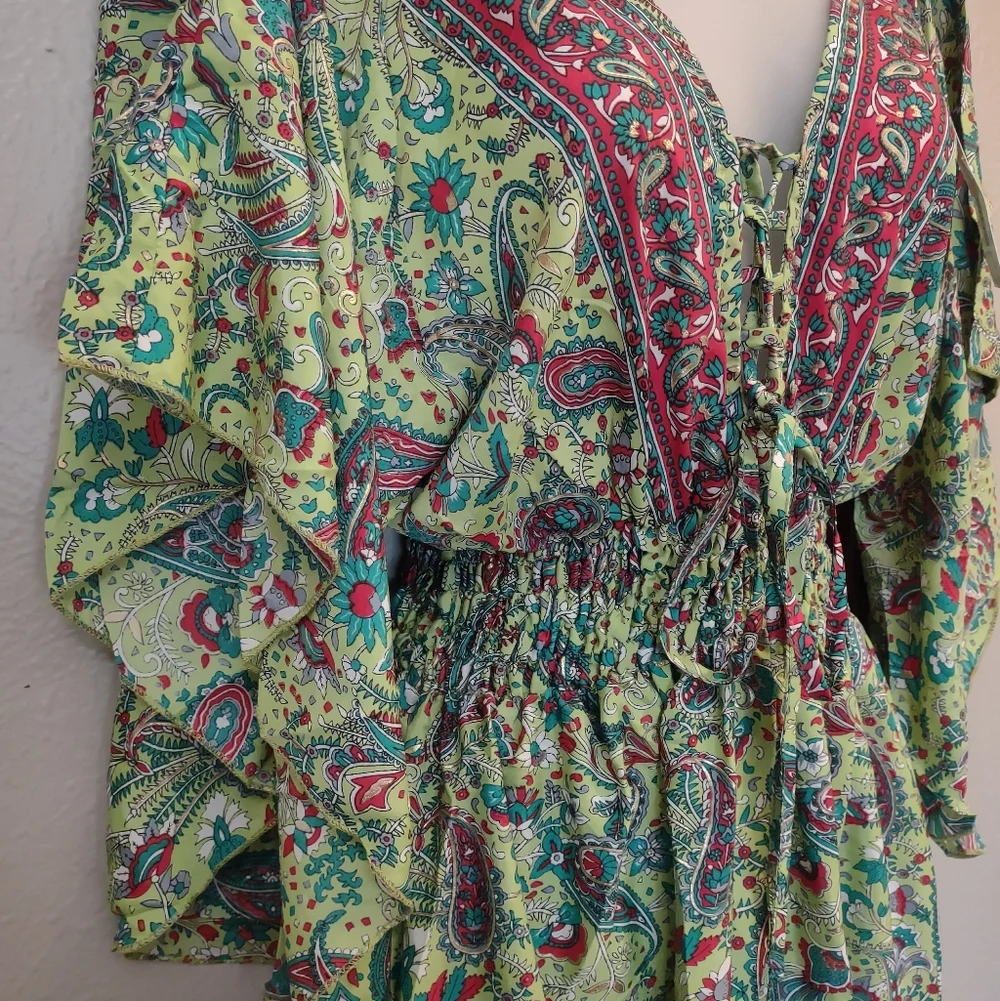 White Waves NWT Silk Blend Paisley Lace Up Boho Dress Made in India - Picture 9 of 15